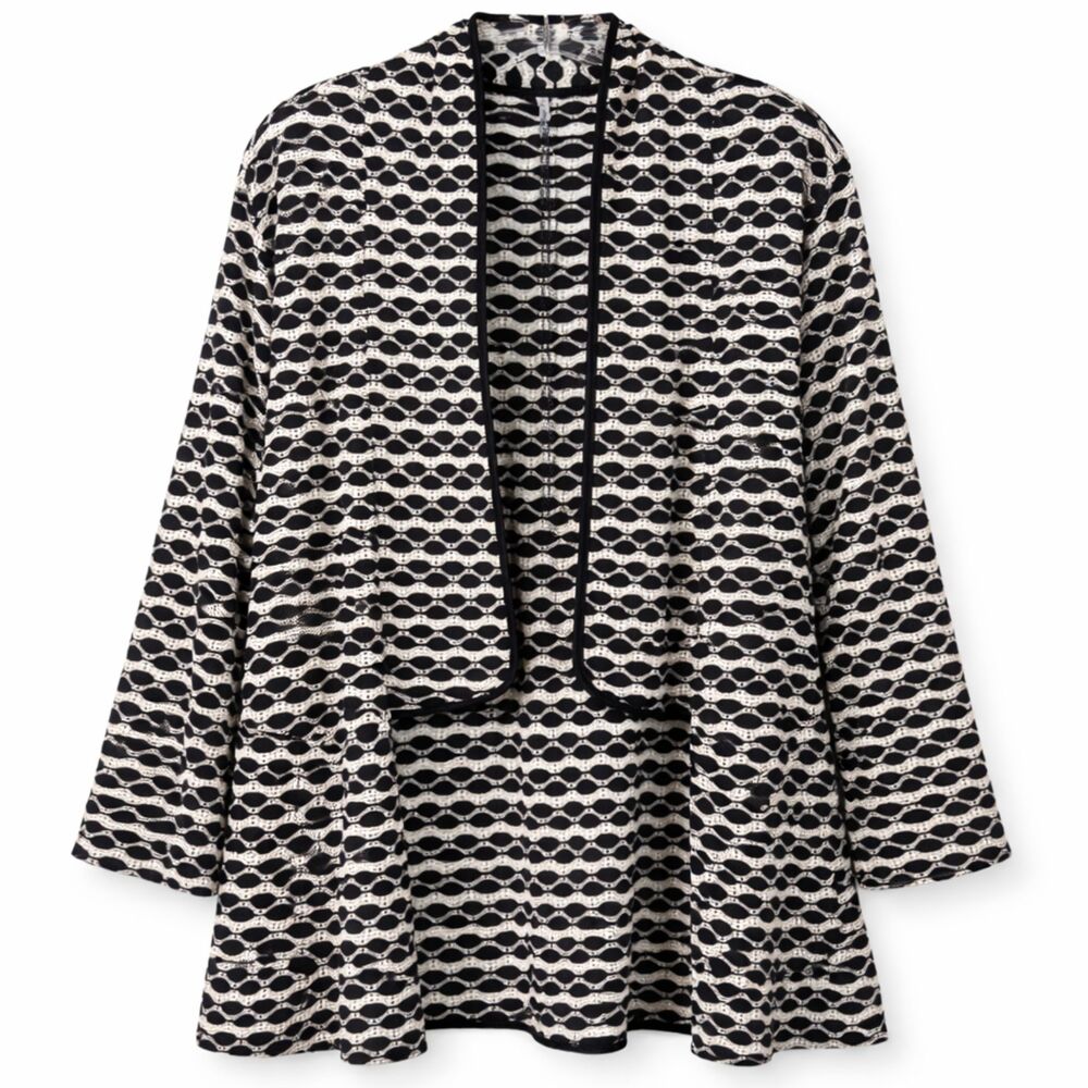 LINDI Honeycomb Cardigan NWT Black White Open Front Longline Sweater L Office